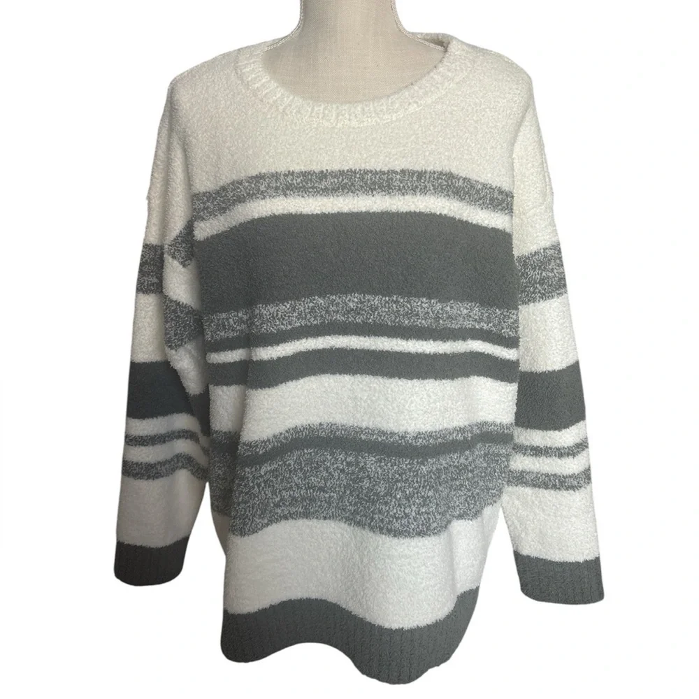 Barefoot Dreams Cozy Chic Marled Stripe Pullover in Agave Green/Pearl Large NWT